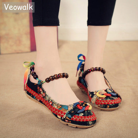 Beaded Strap Colorful Floral Cotton Shoes